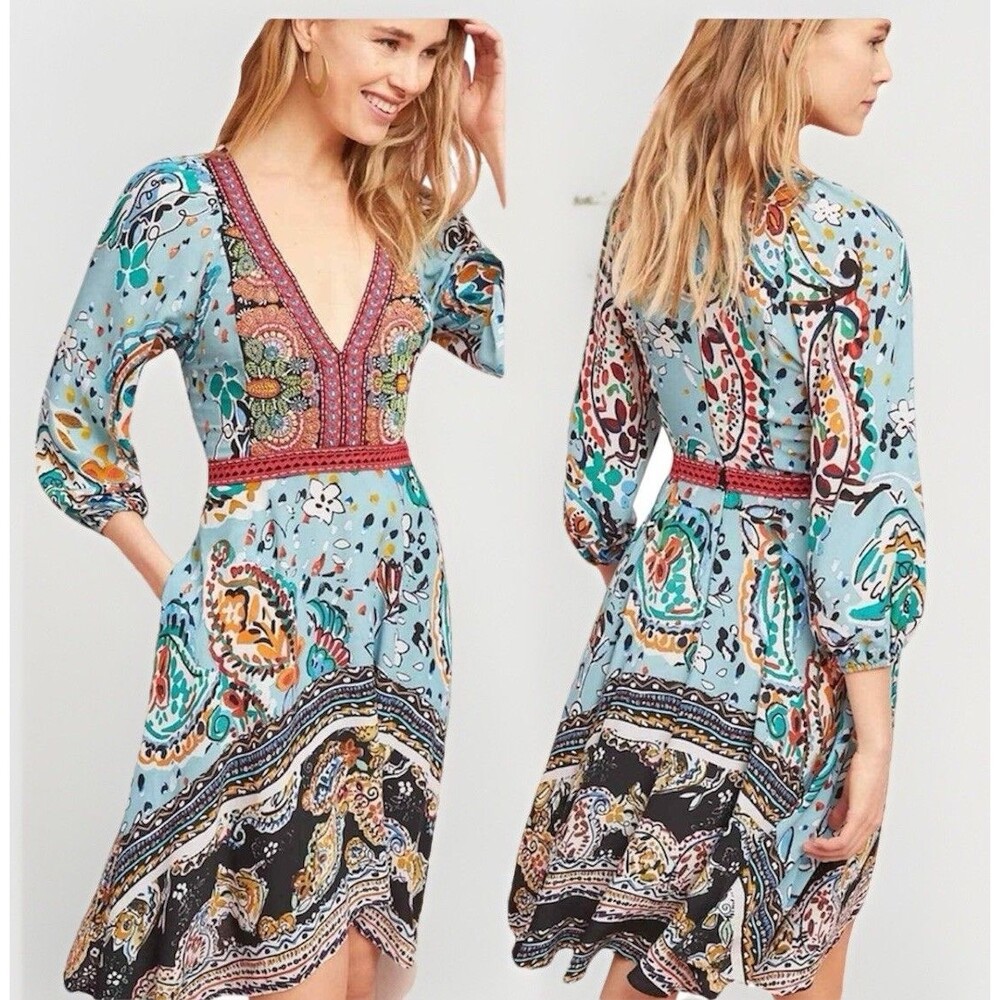 Anthropologie Akemi And Kin Dress Women's Size 2 Boho Multicolored Pockets Beads